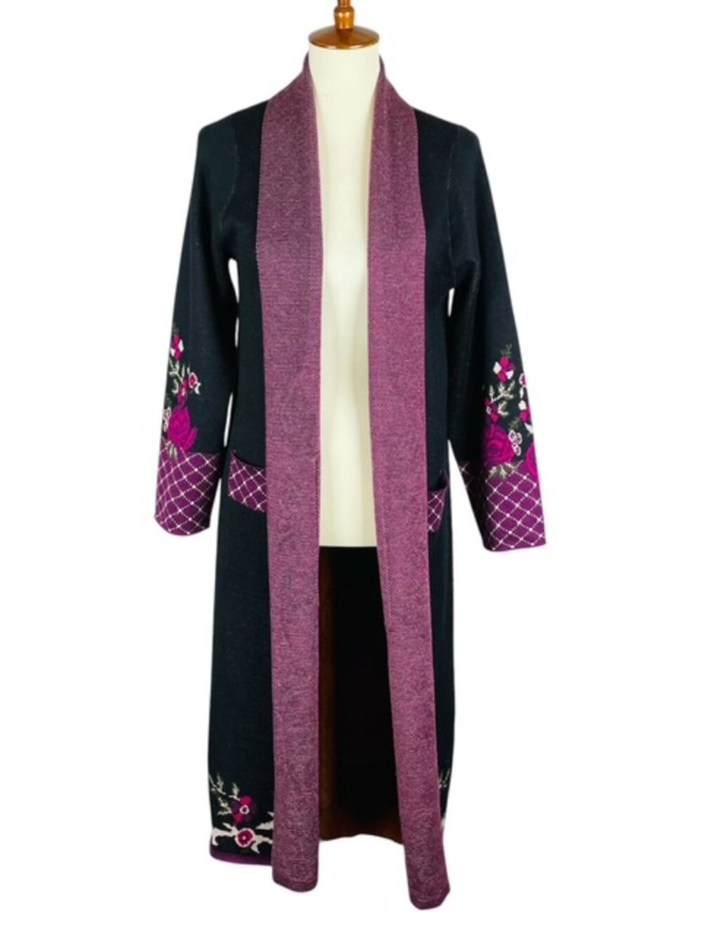 Maxsport Floral Duster Cardigan Sz M Black Fuchsia Dark Academia Cottagecore